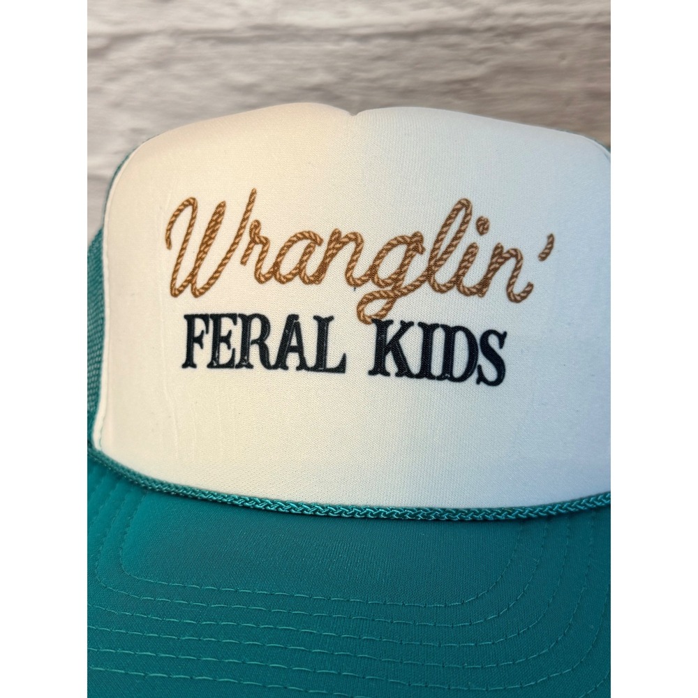 Wranglin Feral Kids Trucker Hat Teal White Mesh Snapback Western Funny Cap - Picture 2 of 4